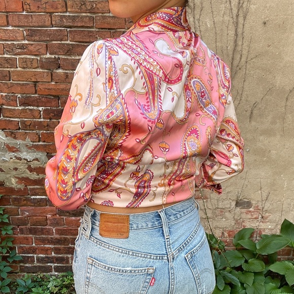 Pink paisley print long sleeve silk button down 6 - Picture 5 of 10